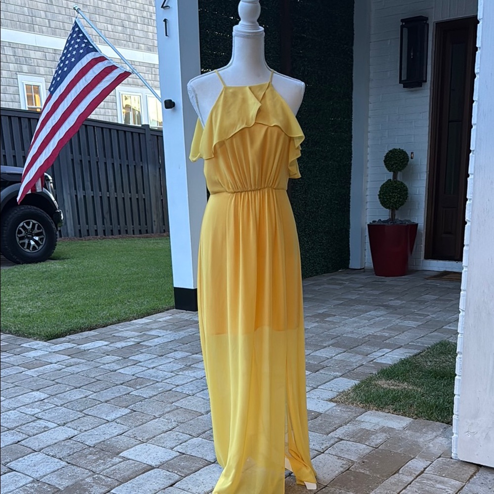 BCBGeneration Yellow Ruched Maxi Dress sheer with lining and slit